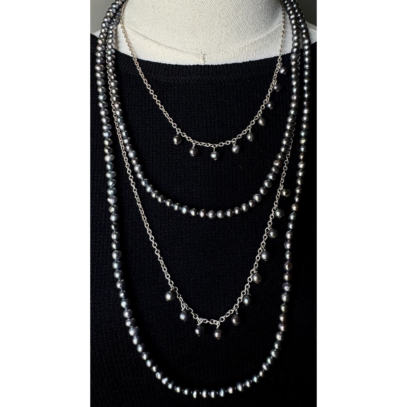 Vintage 925 Sterling Silver Gray Pearl Multi Strand Layered Necklace 1820 129$